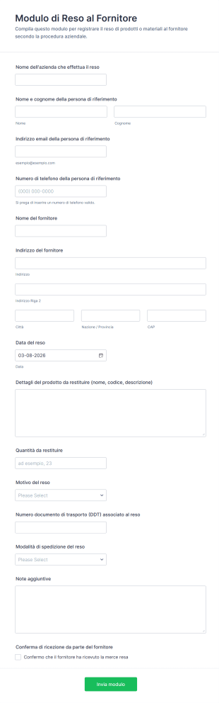 Modulo Di Reso Al Fornitore