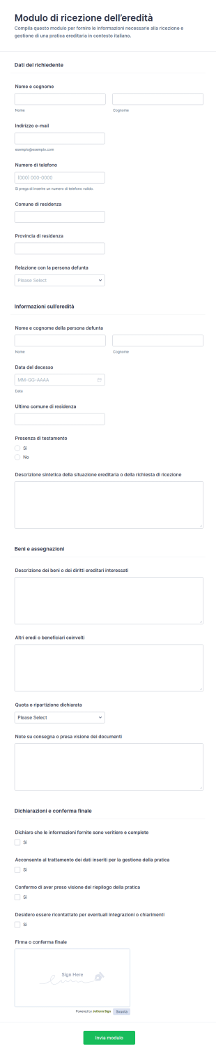 Modulo Di Ricevuta Di Eredità