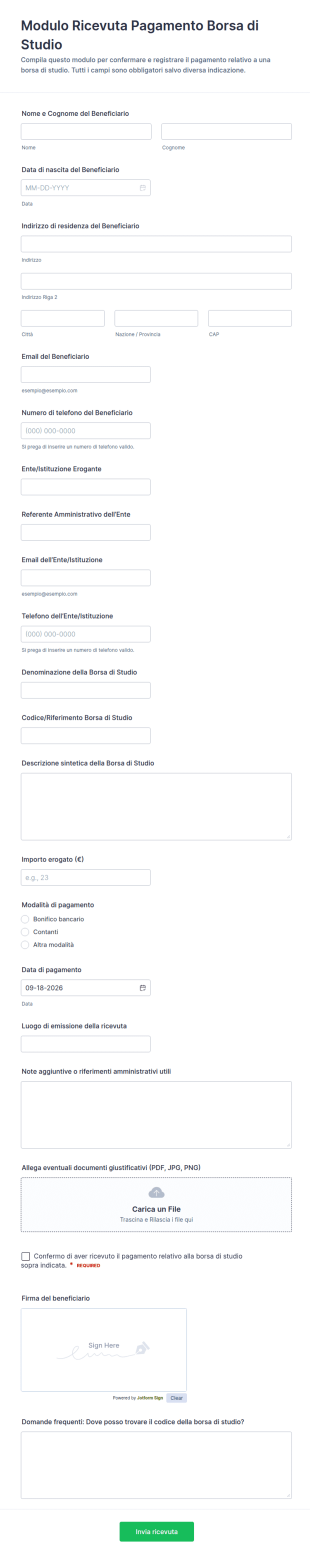 Modulo Di Ricevuta Di Pagamento Borsa Di Studio