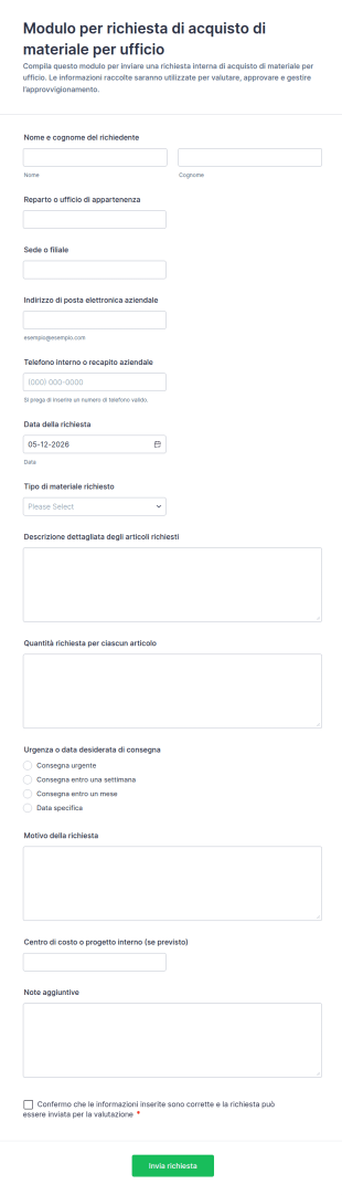 Modulo Di Richiesta Acquisto Forniture Per Ufficio