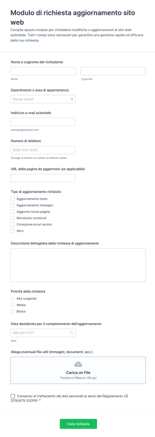 Modulo Di Richiesta Aggiornamento Sito Web