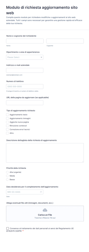 Modulo Di Richiesta Aggiornamento Sito Web