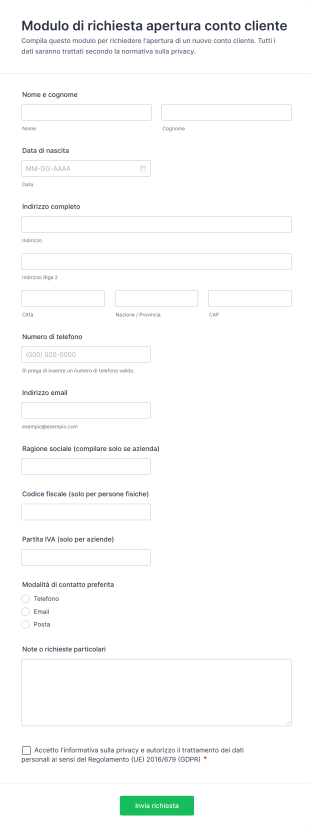 Modulo Di Richiesta Apertura Conto Cliente