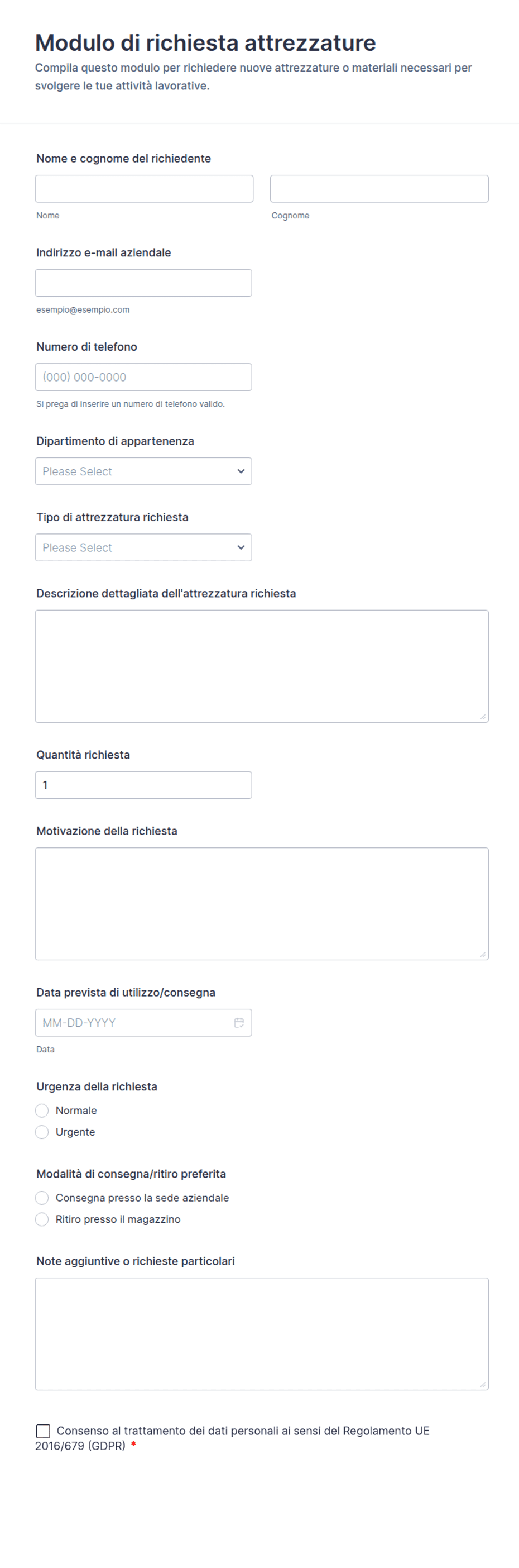 Modulo di richiesta attrezzature | Jotform