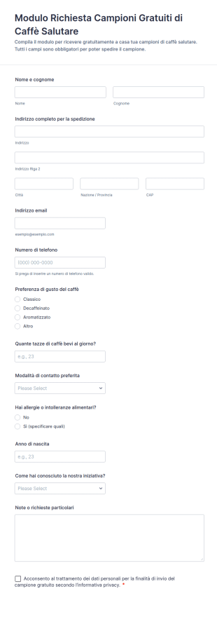 Modulo Di Richiesta Campioni Di Caffè Sano E Gratis