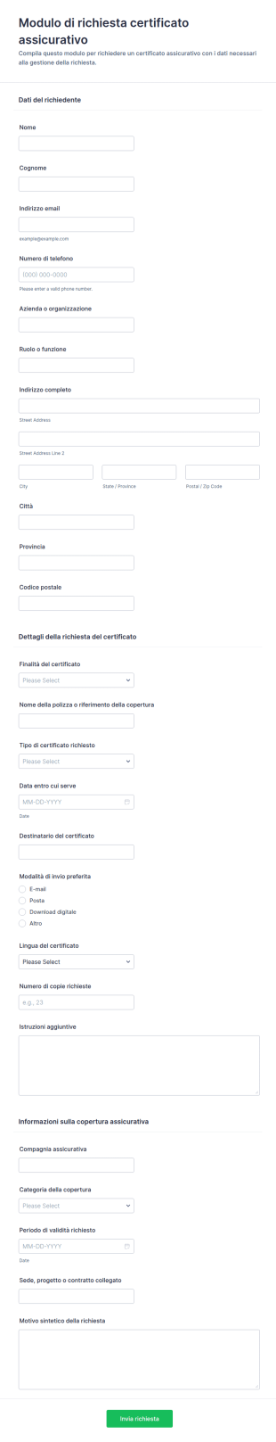 Modulo Di Richiesta Certificato Assicurativo
