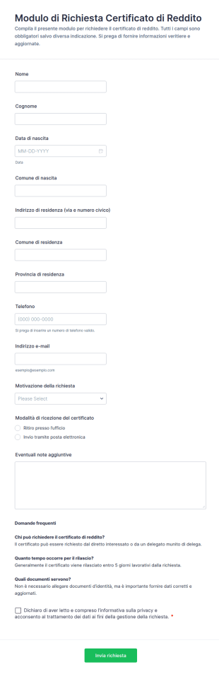 Modulo Di Richiesta Certificazione Redditi
