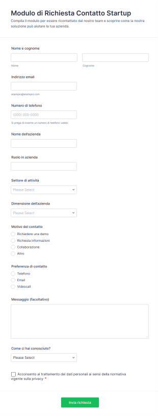 Modulo Di Richiesta Contatto Startup