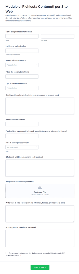 Modulo Di Richiesta Contenuti Per Sito Web