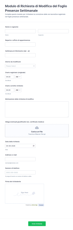 Modulo Di Richiesta Di Adeguamento Settimanale Del Foglio Presenze