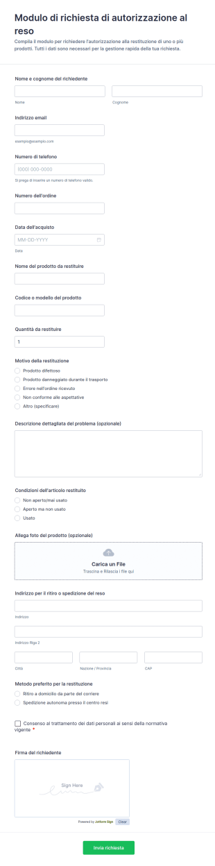 Modulo Di Richiesta Di Autorizzazione Al Reso