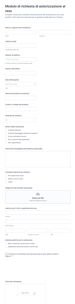 Modulo Di Richiesta Di Autorizzazione Al Reso