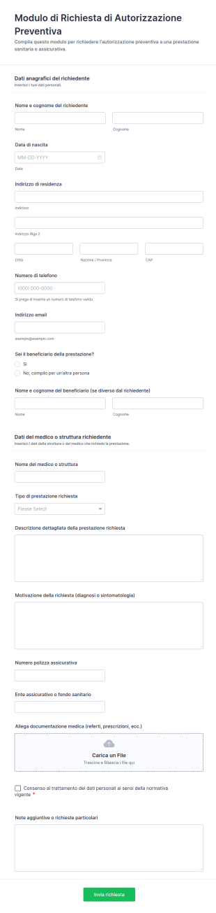 Modulo Di Richiesta Di Autorizzazione Preventiva