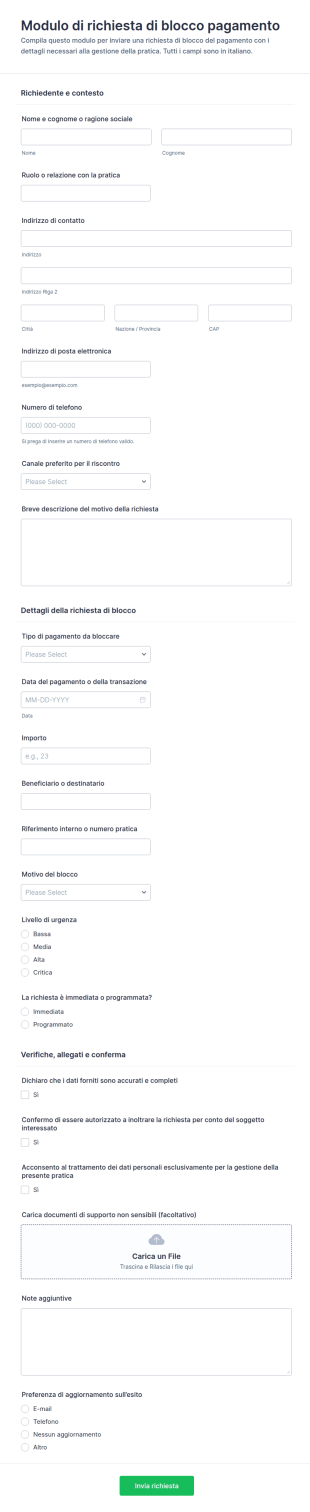 Modulo Di Richiesta Di Blocco Pagamento