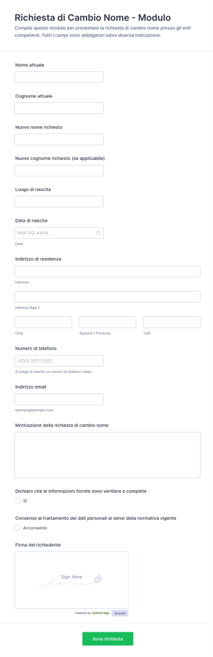 Modulo Di Richiesta Di Cambio Nome