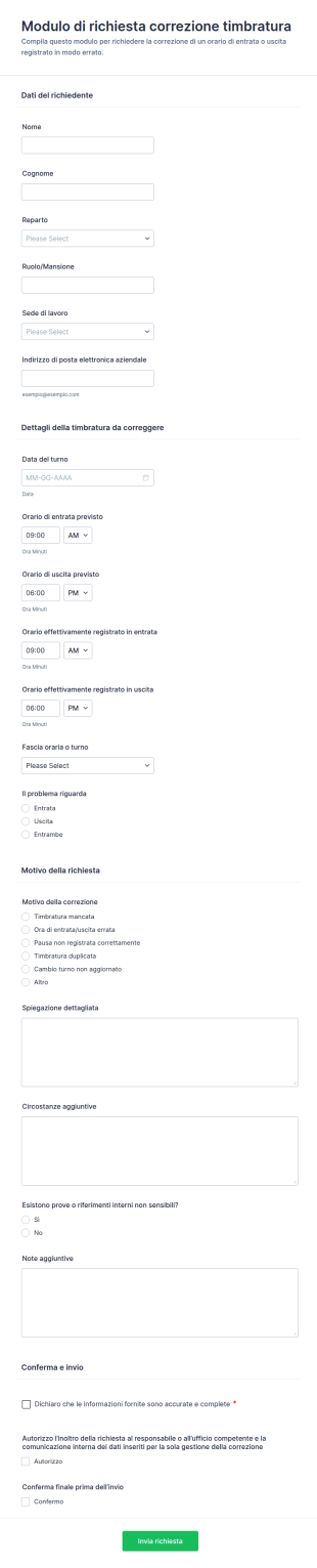 Modulo Di Richiesta Di Cambio Orario Di Entrata E Uscita