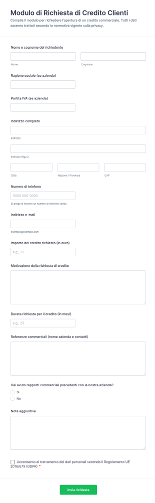 Modulo Di Richiesta Di Credito Clienti