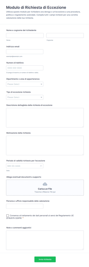 Modulo Di Richiesta Di Eccezione | Jotform