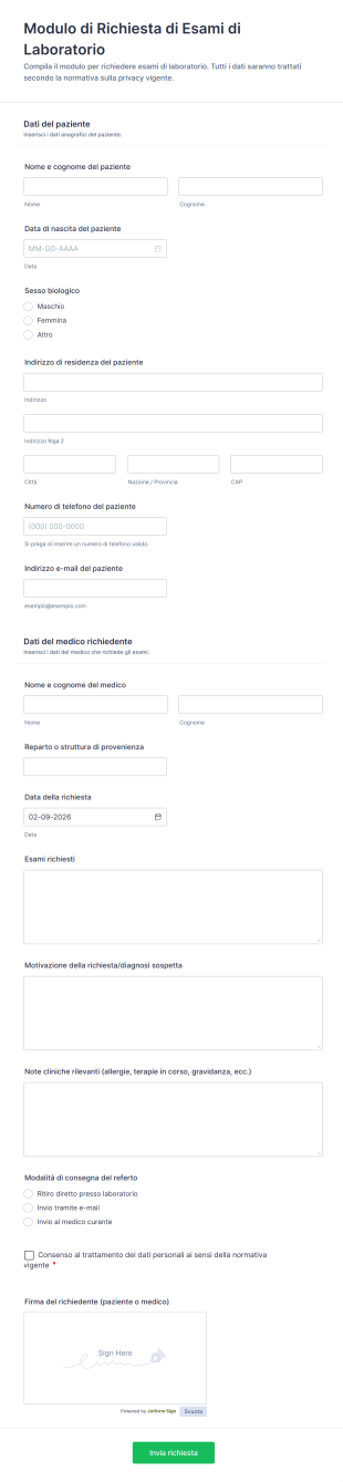Modulo Di Richiesta Di Esami Di Laboratorio