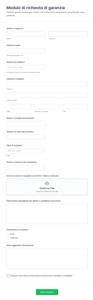 Modulo Di Richiesta Di Garanzia