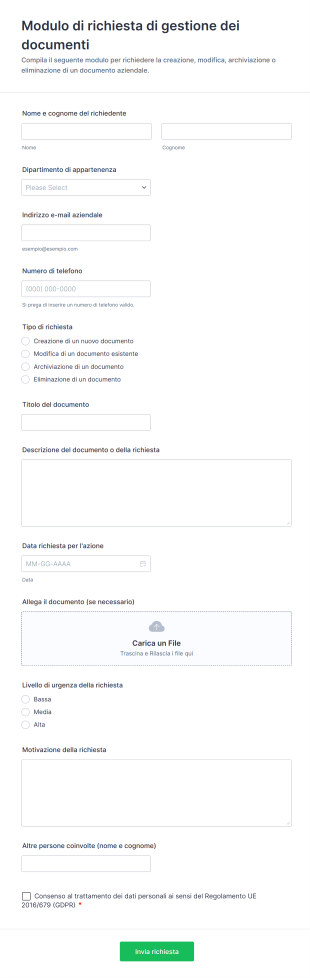 Modulo Di Richiesta Di Gestione Dei Documenti