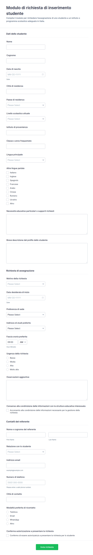 Modulo Di Richiesta Di Inserimento Studentesco Form