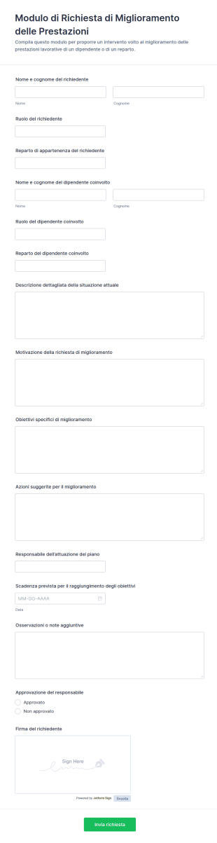 Modulo Di Richiesta Di Miglioramento Delle Prestazioni