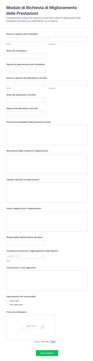 Modulo Di Richiesta Di Miglioramento Delle Prestazioni