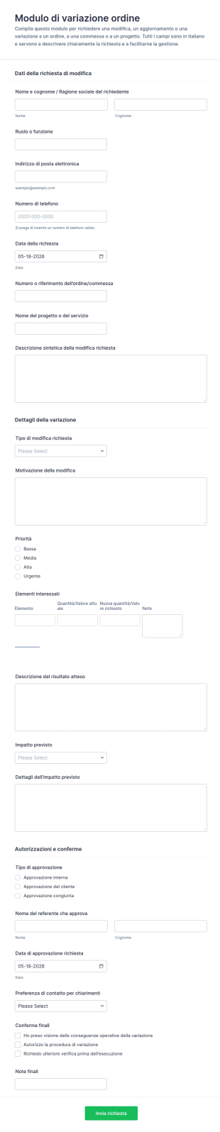 Modulo Di Richiesta Di Modifica Del Ordine