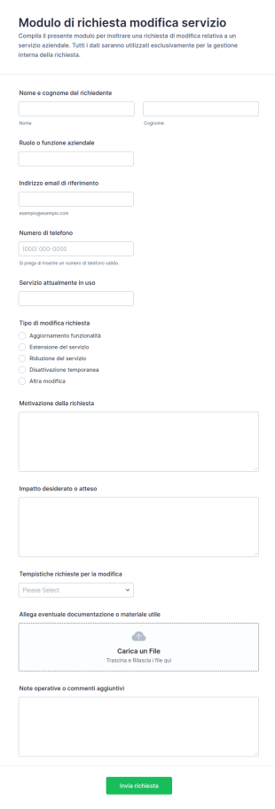 Modulo Di Richiesta Di Modifica Del Servizio