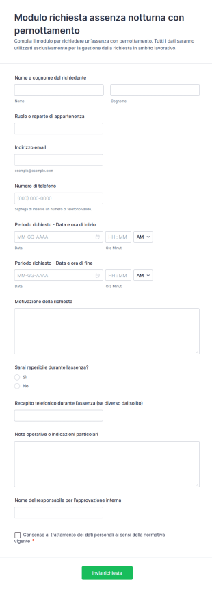 Modulo Di Richiesta Di Permesso Per Assenza Notturna
