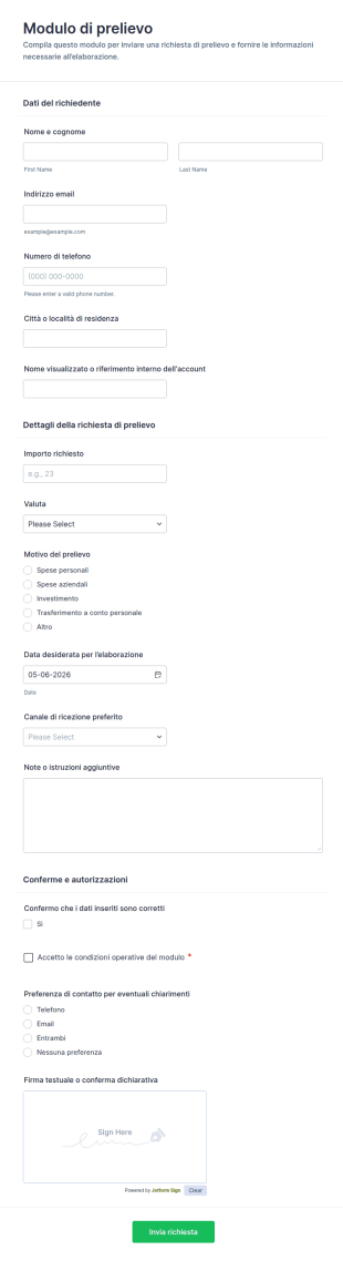 Modulo Di Richiesta Di Prelievo
