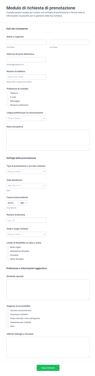 Modulo Di Richiesta Di Prenotazione