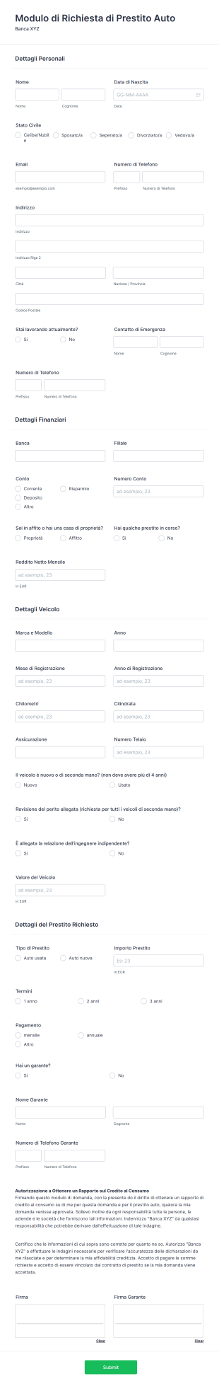 Modulo Di Richiesta Di Prestito Auto Form Template