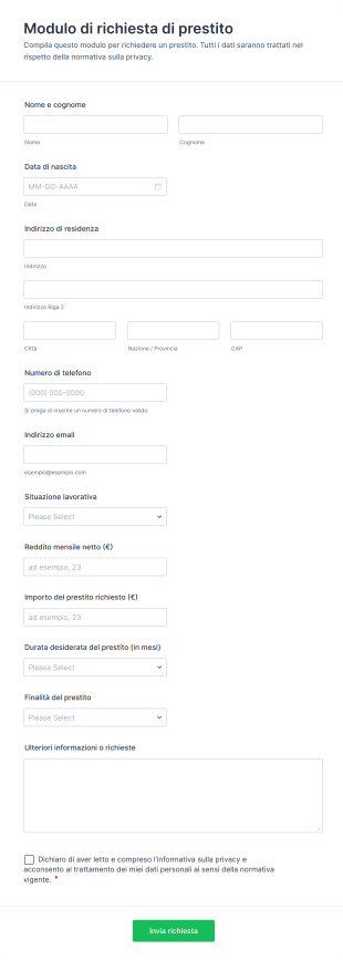 Modulo Di Richiesta Di Prestito