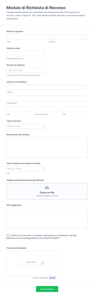 Modulo Di Richiesta Di Recesso
