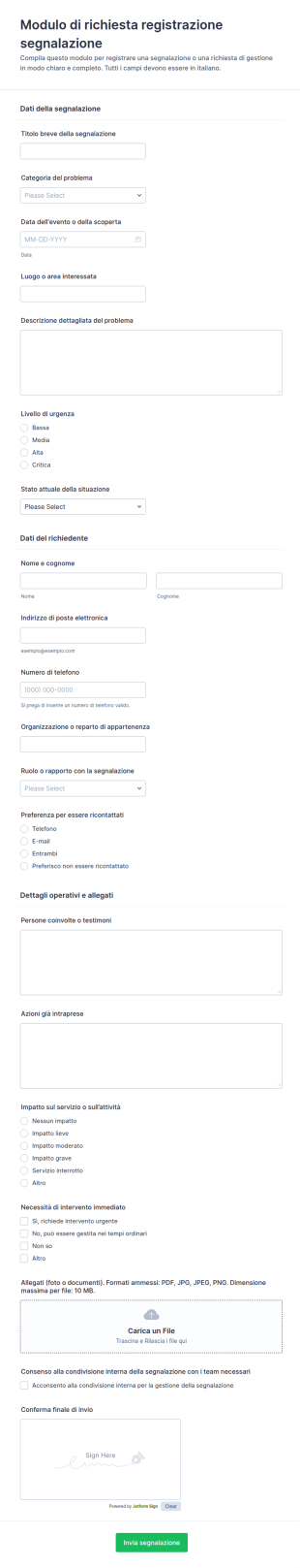 Modulo Di Richiesta Di Segnalazione Problemi