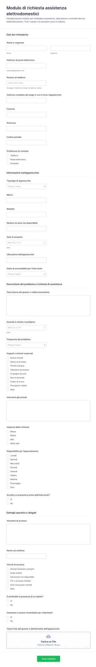 Modulo Di Richiesta Di Servizio Per Elettrodomestici