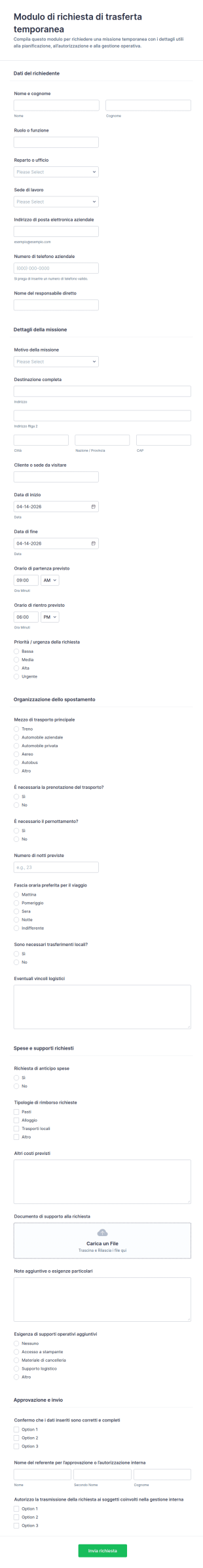 Modulo Di Richiesta Di Servizio Temporaneo