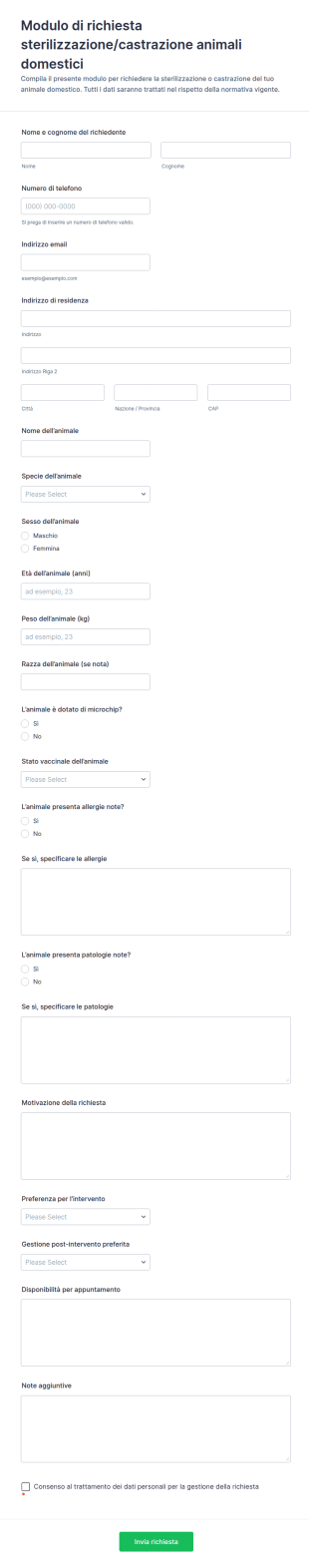 Modulo Di Richiesta Di Sterilizzazione E Castrazione