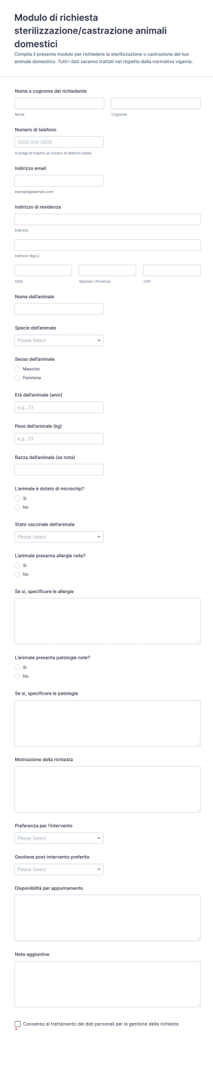 Modulo Di Richiesta Di Sterilizzazione E Castrazione