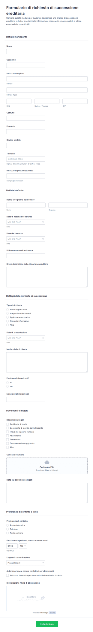 Modulo Di Richiesta Di Successione