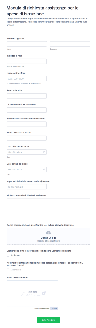 Modulo Di Richiesta Di Supporto Formativo