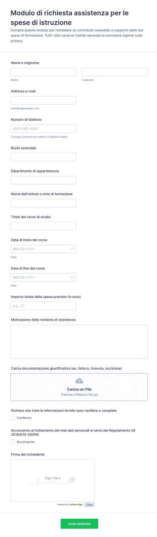 Modulo Di Richiesta Di Supporto Formativo
