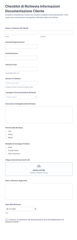 Checklist Di Richiesta Informazioni Documentazione Cliente Form