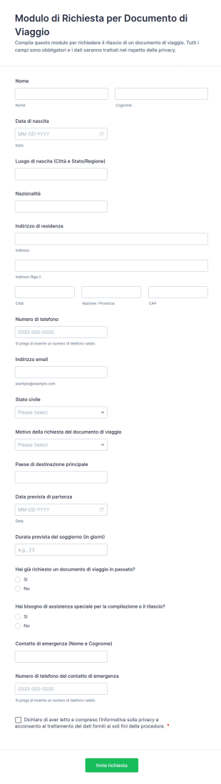 Modulo Di Richiesta Documenti Di Viaggio