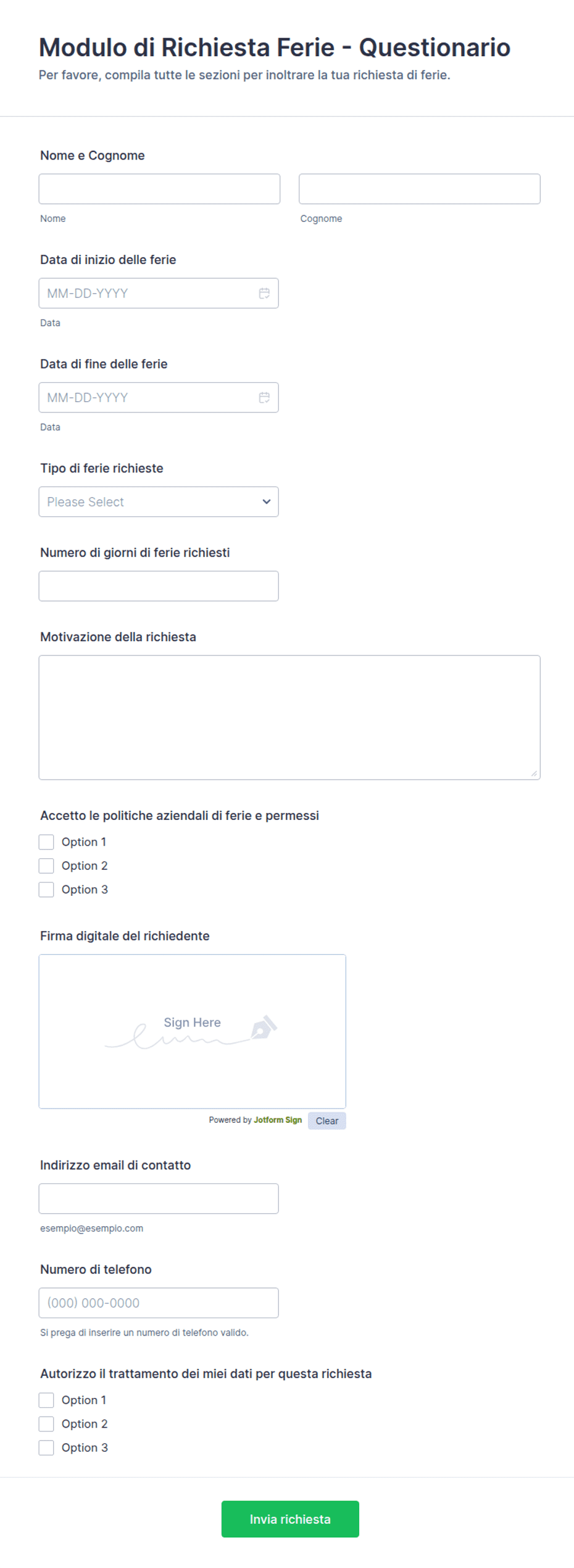 Modulo di Richiesta Ferie - Questionario | Jotform