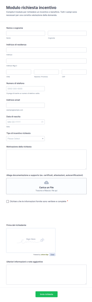 Modulo Di Richiesta Incentivi