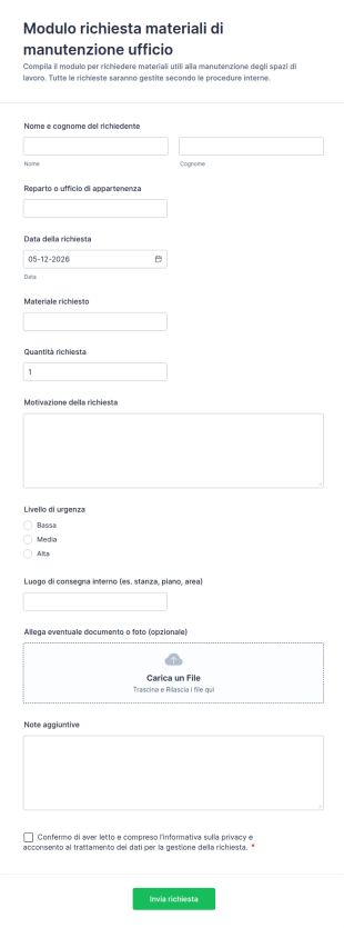 Modulo Di Richiesta Materiali Di Manutenzione Ufficio