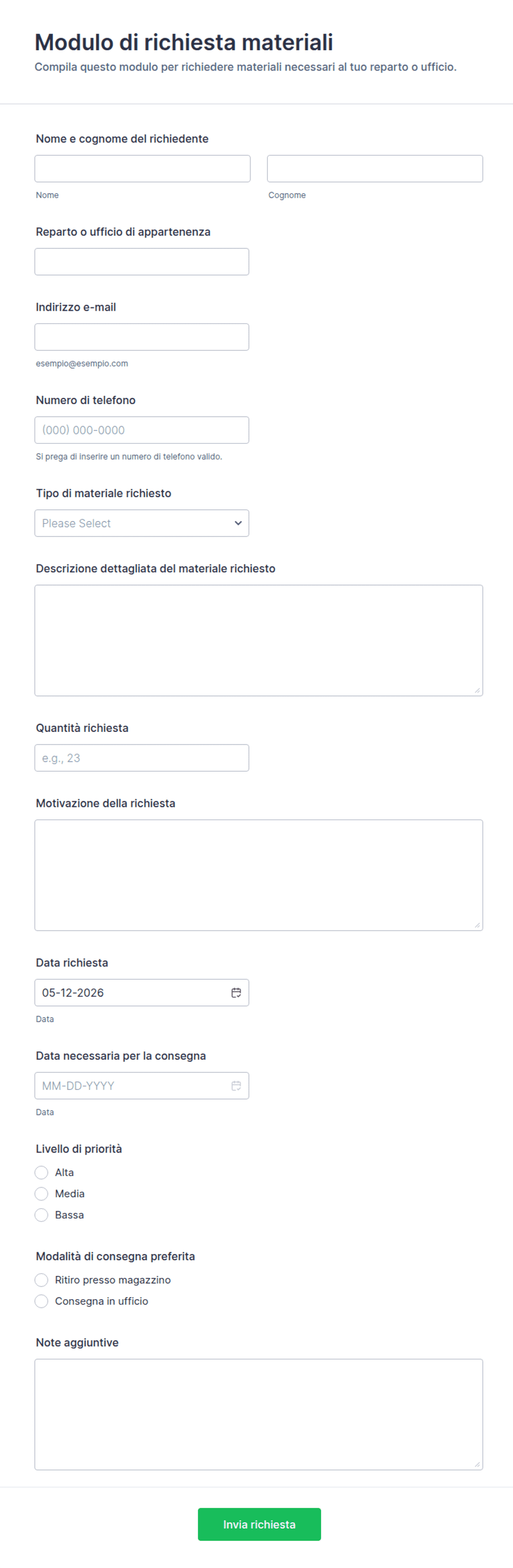 Modulo di richiesta materiali | Jotform